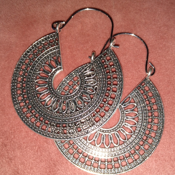 Mandala Silver Filigree CutOut Metal Lace Hoop Earrings Big Hoops Bohemian New - Picture 3 of 10